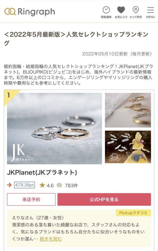 【JKPlanetの評判は？】2022年最新ショップランキングで全国1位獲得！結婚指輪口コミサイト「リングラフ」による『結婚指輪・婚約指輪の人気セレクトショップランキング』でJKPlanetが日本1位に選ばれました!