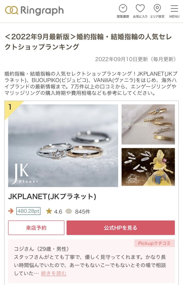 【2022年最新版】婚約・結婚指輪の人気セレクトショップ口コミランキングでJKPLANET(JKプラネット)が日本1位になりました。