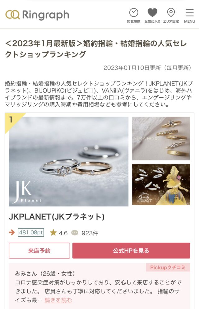 【2023年最新版】婚約指輪・結婚指輪の人気セレクトショップ口コミランキングでJKPLANET(JKプラネット)が日本・全国1位になりました。